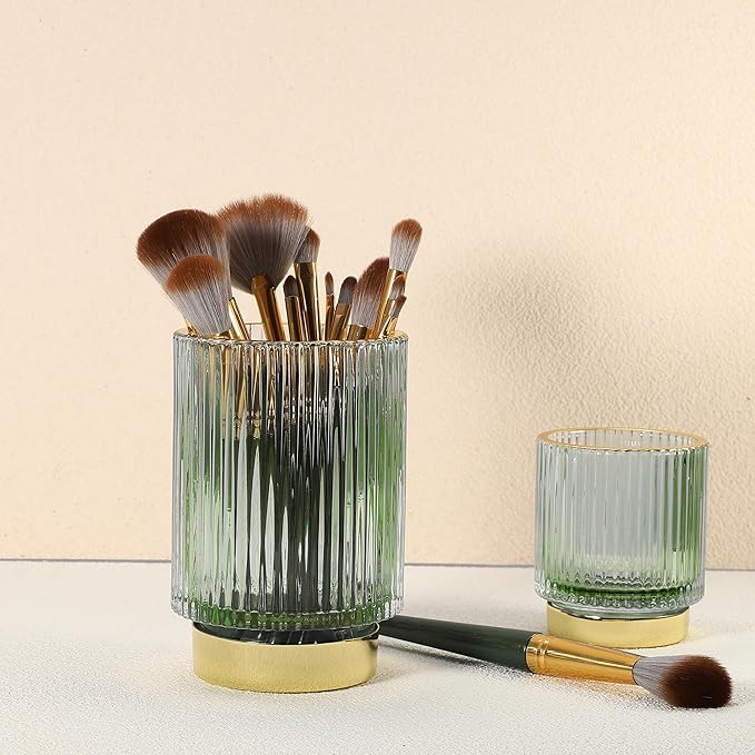 VOCOSTE Makeup Brush Holder Organizer, Glass Makeup Brushes Holder, Cosmetic Brushes Storage Holder, Dresser Striped Vase Make Up Brush Cup Eyeliners for Desktop, Green, S Size