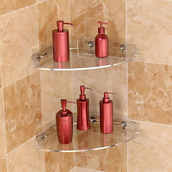 AUNMAS Acrylic Corner Floating Shelves, Strong Load Bearing No Drill Wall Mounted Bathroom Shelf for Bathroom Storage Organization (Transparent)