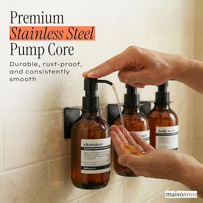 Shampoo and Conditioner Dispenser Wall Mounted Set of 3 Amber Black - No Drill Shower Soap Dispenser for Bathroom Refillable - Spa Hotel Style Accessories by MaisoNovo