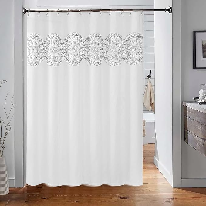 Jubilantex Grey and White Embroidered Shower Curtain Fabric for Bathroom, Farmhouse Boho Floral Rustic Chic Decorative Waterproof Bath Room Shower Curtain for Spa Hotel, 70x72 Inches, Gray