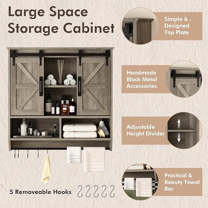 RUSTOWN Farmhouse Bathroom Wall Cabinet,3-Tier Rustic Wood Wall Mounted Cabinets,Vintage Medicine Cabinet with Sliding Barn Door and Adjustable Shelves,Over The Toilet Storage Cabinet (Washed Oak)