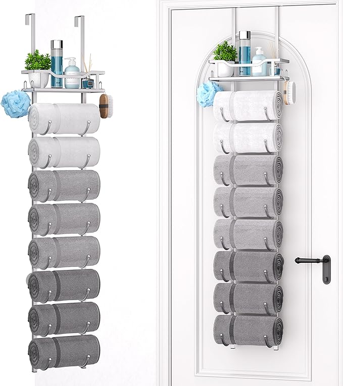 SWTYMIKI Over The Door Towel Rack - 9 Tier Towel Racks for Bathroom Wall Mounted, Towel Holder with Shelf, Hanging Rolled Towel Storage Organizer for Small Bathroom, Camper, RV, Sliver