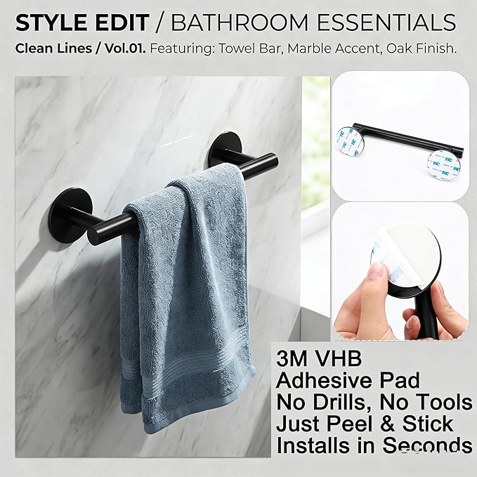 9 Inch 304 SL Matte Black Towel Racks for Bathroom and Kitchen - 3M Adhesive Cabinet Towel Holder, Small Bathroom Decor, Essential Black Bathroom Accessories
