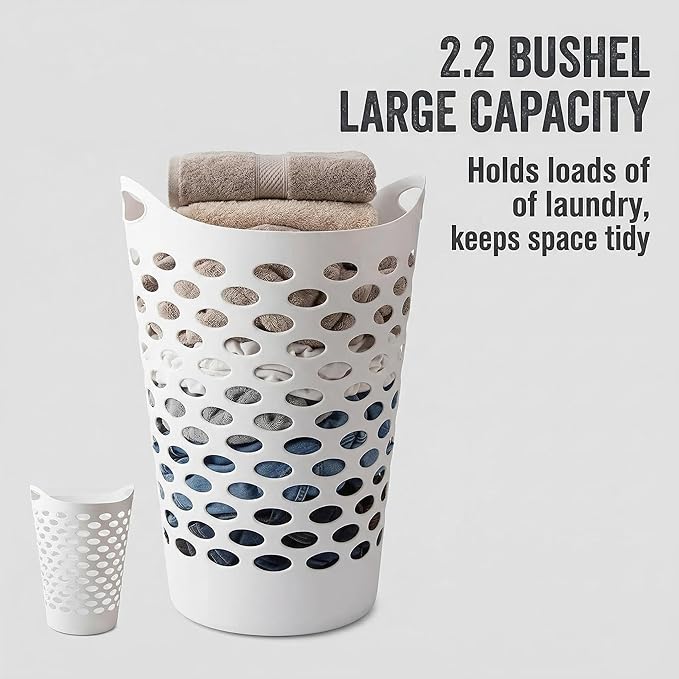 2-Pack 2.2 Bushel Flexible Laundry Basket, Lightweight and Easy to Clean，Tall Plastic Hamper for Clothes，Bedroom and Storage - Plastic Laundry Basket with Handles，White