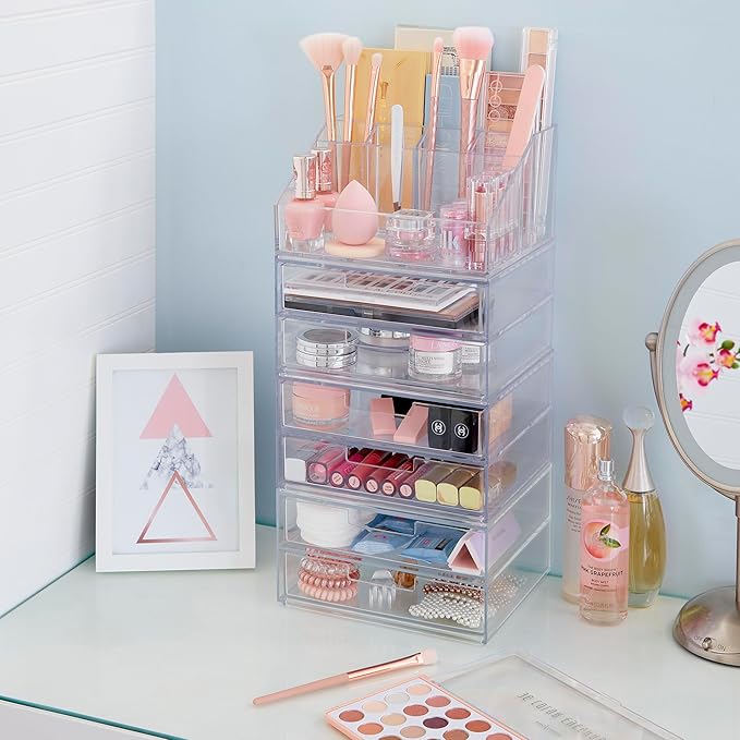 STORi Chloe Stackable Clear Makeup Holder and 6 Drawer Bundle | Organize Cosmetics and Beauty Supplies | Made in USA