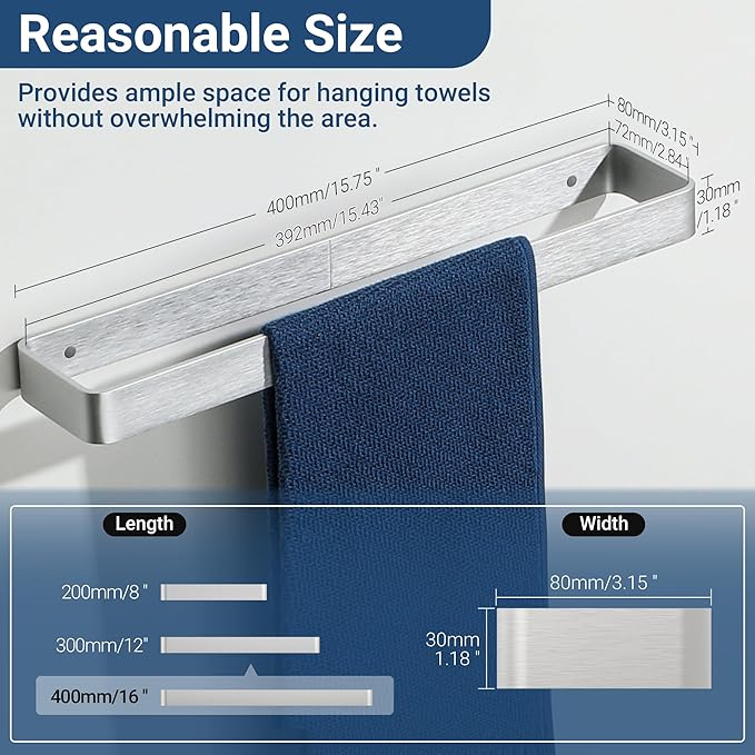 SAYAYO Brushed Nickel Hand Towel Holder for Bathroom Wall, 16 Inch Self Adhesive Towel Bar Hand Towel Rack Square Heavy Duty