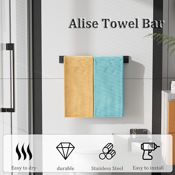Alise Black Towel Bar, 20 Inch Towel Racks for Bathroom, SUS304 Stainless Steel Towel Holder Wall Mounted, Heavy Duty Towel Hanger for Bathroom & Kitchen (Matte Black)