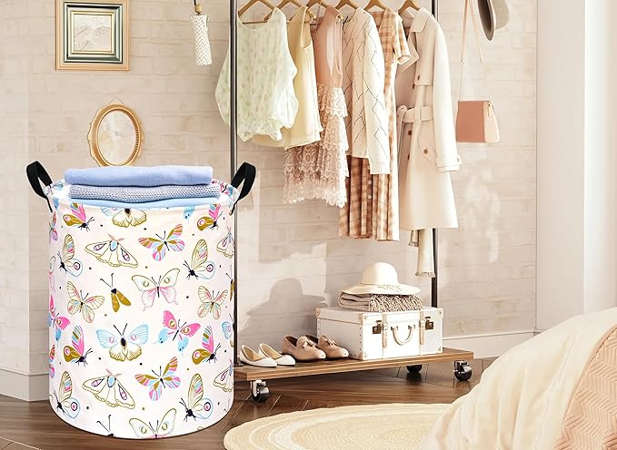 KUNRO Round Spring Butterfly Laundry Gift Basket Storage Hamper, Clothes Storage Organizer Bins, Shelf Basket with Handles for Room Decor