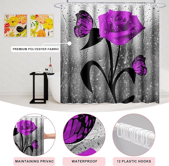 Poedist 4 Pcs Bathroom Shower Curtain Set,Purple Rose Bathroom Set, Shower Curtain Sets with Rugs(Bath Mat,U Shape and Toilet Lid Cover Mat) and 12 Hooks