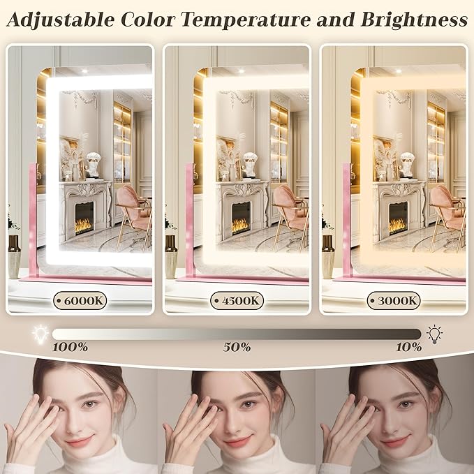 ROLOVE 22x16 Inch Pink Vanity Mirror with Lights，Dimmable LED Lights，3 Color Modes, Smart Touch Control，10X Magnification，Light up Makeup Mirror for Desk, Gift for Teen Girls