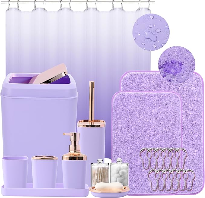 XLHOMO Bathroom Accessory Set–Bathroom Sets with Shower Curtain and Rugs, Non Slip Bathroom Rugs Super Absorbent, Light Purple Ombre Shower Curtain with Hooks, Lavender Bathroom Sets Complete for Home