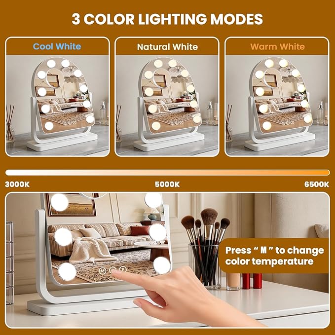 Rechargeable Arched Vanity Mirror with Lights, 14"×12" Hollywood Makeup Mirror with 10 Bulbs, 3000mAH Battery, 3-Color Lighting, Dimmable, 10x Magnification, Desk Mirror, Dorm Room Essentials (White)