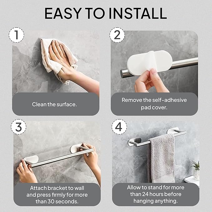 Towel Bar for Bathroom, Self-Adhesive Towel Holder, Space-Saving Towel Rack, Wall-Mounted Punch-Free Waterproof Anti-Slip Bathroom Kitchen Towel Hanger, 60×7.5×5cm Brushed