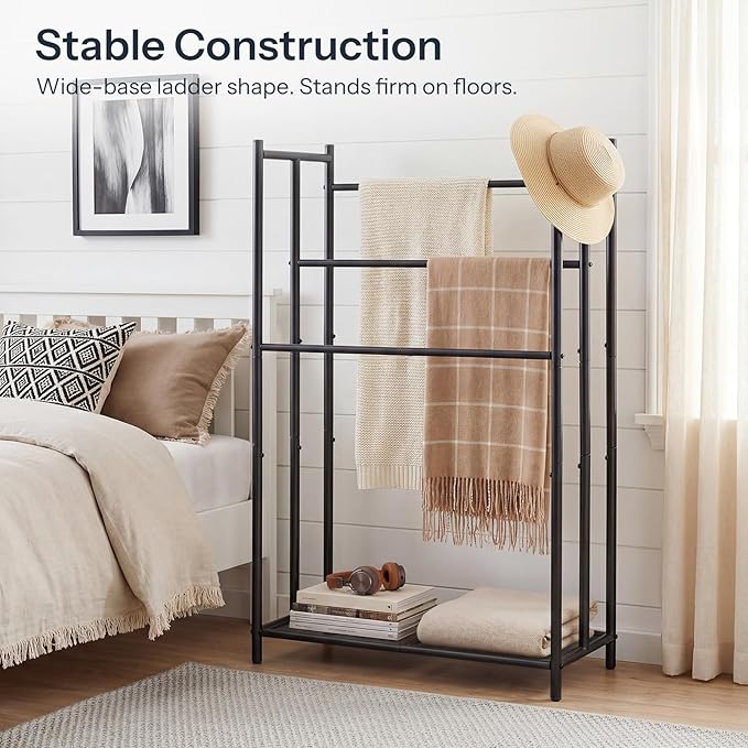 HOOBRO Free Standing Towel Rack for Bathroom, 25.2" L x 11.4" W x 39.4" H, 3-Tier Blanket Rack Stand with Bottom Mesh, Freestanding Quilt Stand with Adjustable Feet, Industrial Style, Black BK09LB01