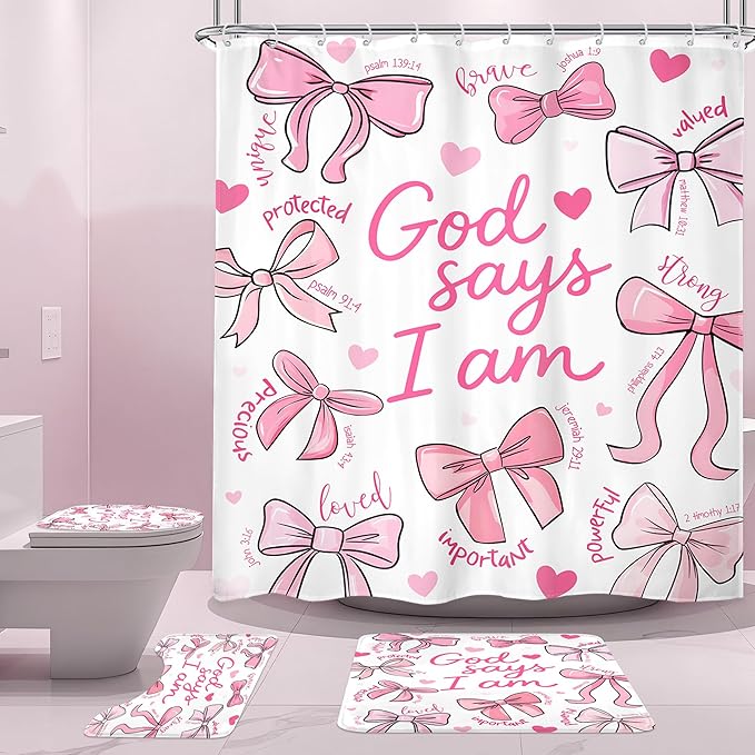 Cinbloo 4Pcs Pink Bow Shower Curtain Set, Retro Cute Coquette Vintage Girly Preppy Fashion Bathroom Curtain with Rug, Toilet Lid Cover, Bath Mat, Inspirational Quotes Shower Curtain with 12 Hooks
