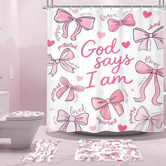 Cinbloo 4Pcs Pink Bow Shower Curtain Set, Retro Cute Coquette Vintage Girly Preppy Fashion Bathroom Curtain with Rug, Toilet Lid Cover, Bath Mat, Inspirational Quotes Shower Curtain with 12 Hooks