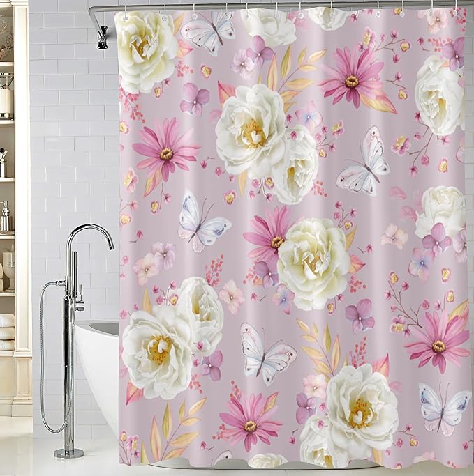 Pink Floral Shower Curtains, Watercolor White Roses Pink Pyrethrum Flower and Butterflies Shower Curtains, Waterproof Fabric Spring Floral Pattern Bathroom Shower Curtain, 72 x 72 Inch