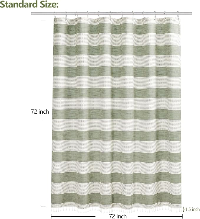 Boho Farmhouse Thick Shower Curtain with Tassels, 350GSM Cotton Linen Soft Fabric Shower Curtain Heavyweight, Sage Green Rustic Country Striped Bathroom Decor Curtain Water Repellent