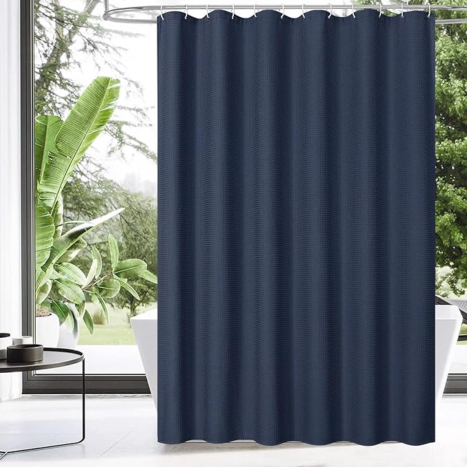 MitoVilla Navy Blue Modern Waffle Shower Curtain, Dark Blue Fabric Shower Curtains for Neutral Hotel Bathroom Decor, Heavy Waffle Weave Weighted Cloth Shower Curtain, 72 x 72