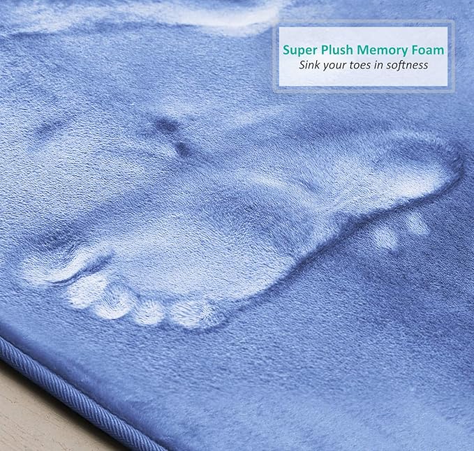 Clara Clark 2 Piece Bathroom Rugs Bath Mat Set, Velvet Memory Foam Bath Mats for Bathroom - Non-Slip, PVC Backing Bath Rugs, Washable - Dries Quickly, Calm Blue