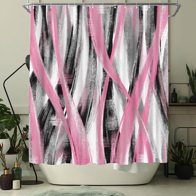 WELMECO Geometric Shower Curtain Modern Abstract Shower Curtain Bathroom Decor Polyester Fabric, 72x72inch (Pink and Grey)