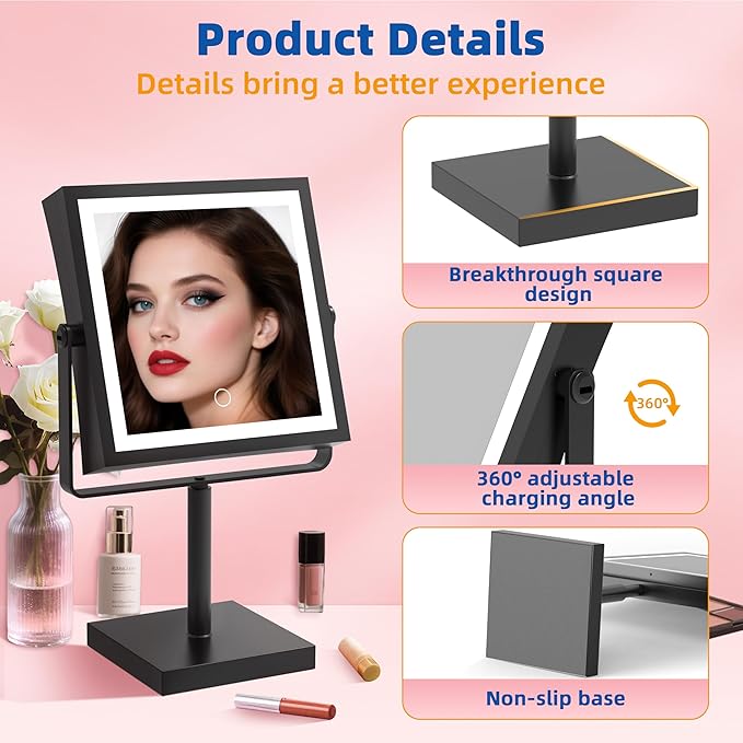 Ruacq Makeup Mirror with Lights, 4000mAh Rechargeable Magnifying Mirror with Light, 1X/10X, Height Adjustable Bathroom Vanity Mirror, 3 Colors, Adjustable Brightness (Matte Black)