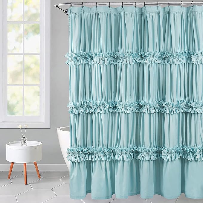 Spa Blue Ruffle Shower Curtain, Vintage Handcrafted Bow Tie Bath Curtain for Master Bathroom, Ruched Microfiber Bathroom Curtain with 12 Buttonholes, 72" W x 72" H (LQ-10)