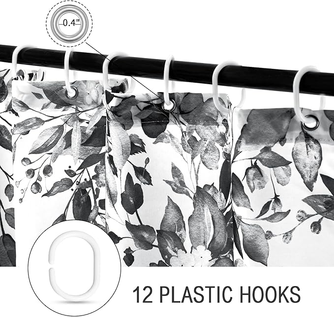 Gibelle Extra Long Shower Curtain 72 x 84, Black and White Floral Shower Curtain, Watercolor Plant Eucalyptus Leaves Fabric Shower Curtain Set