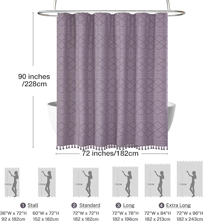 Extra Long Boho Shower Curtain with Tassels 72 x 90, Purple