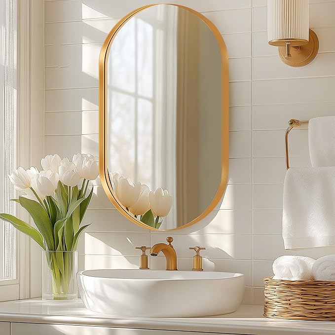 SogesHome Modern Medicine Cabinet with Mirror, 20"x34" Oval Decro Recessed Mirror Cabinet, Wall-Mount Bathroom Vanity Mirror with Storage with 2 Shelves, Perfect for Bathroom, Gold