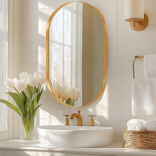 SogesHome Modern Medicine Cabinet with Mirror, 20"x34" Oval Decro Recessed Mirror Cabinet, Wall-Mount Bathroom Vanity Mirror with Storage with 2 Shelves, Perfect for Bathroom, Gold