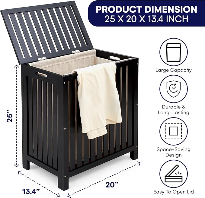 2 Lb. Depot Laundry Hamper Basket Storage in Black Bamboo - Wood Construction with Canvas Liner and Wooden Rods - Hand Grips for Portability - Functional & Stylish Organizer for Clothes -110L