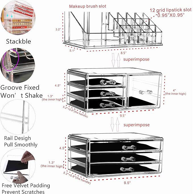 Cq acrylic 3 Pack Clear Make up Organizer Countertop,Stackable 7 Drawers Makeup Storage,Cute Vanity Organizers for dresser Hair Clip,Jewelry,Beauty Product Desk and Bathroom Organizers and Storage