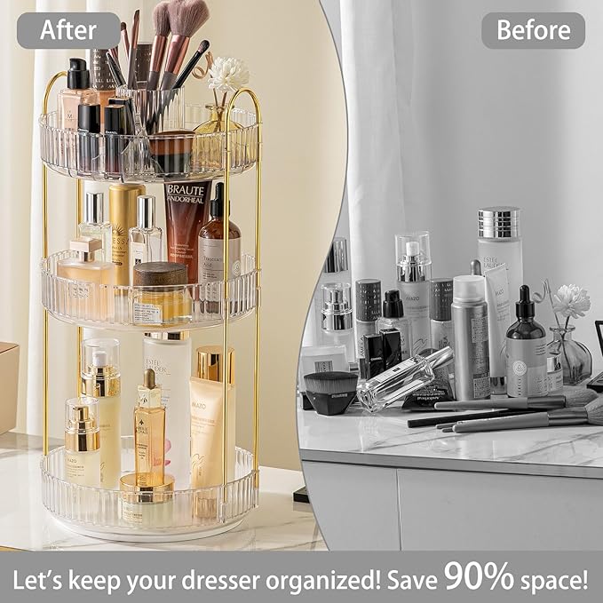 shuang qing Rotating Makeup Organizer for Vanity, High-Capacity Skincare Clear Make Up Storage Perfume Organizers Cosmetic Dresser Organizer Countertop 360 Spinning (Clear, New-3 Tier)