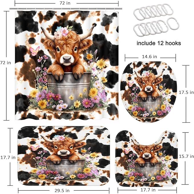 Highland Bull Flowers Shower Curtain Set with Toilet Lid Cover and Non-Slip Rugs, Cow Print 4 Pcs Shower Curtain with 12 Hooks, Farmhouse Vintage Bathroom Set with Rugs and Accessories