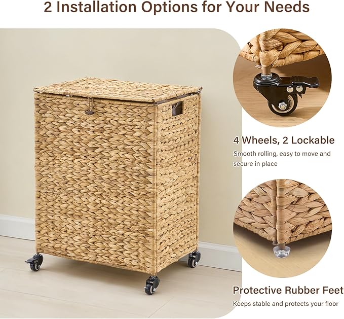 Hand-Woven Laundry Basket with Wheels, Natural Water Hyacinth Laundry Hamper with Lid, Removable & Machine-Washable Liner,Clothes Hamper for Bathroom and Laundry Room(90L,Natural)