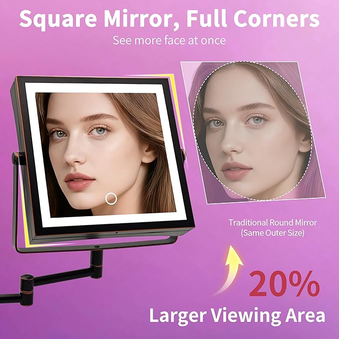 Wall Mounted Lighted Makeup Mirror, Rechargeable Double-Sided 1X/10X Magnifying Mirror with Light, Touch Dimmable 3 Color Lights, 360° Rotation Extendable Arm (Oil Rubbed Bronze)