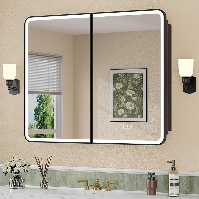 36 x 30 Inch LED Medicine Cabinet with Mirror, UL Certified Dimmable Lighted Bathroom Mirror Cabinet, Anti-Fog & Memory Function, 3 Color Modes, Recessed or Wall Mounted, Adjustable Shelf, Black