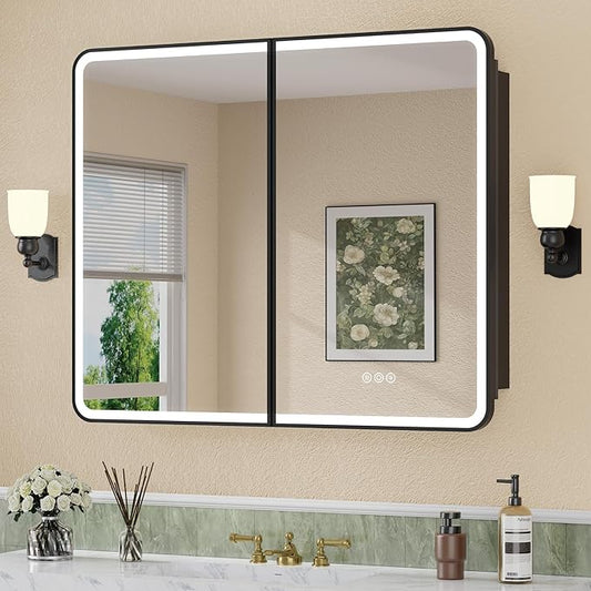 36 x 30 Inch LED Medicine Cabinet with Mirror, UL Certified Dimmable Lighted Bathroom Mirror Cabinet, Anti-Fog & Memory Function, 3 Color Modes, Recessed or Wall Mounted, Adjustable Shelf, Black