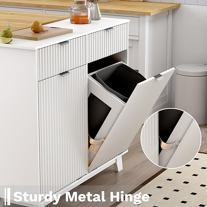 Double Tilt Out Laundry Hamper Cabinet, 20 Gallon Wooden Trash Can Cabinet with Storage Drawers, Hidden Fluted Garbage Can Holder for Kitchen, Living Room (White, 39.34" W x 35.83" H x 13" D)