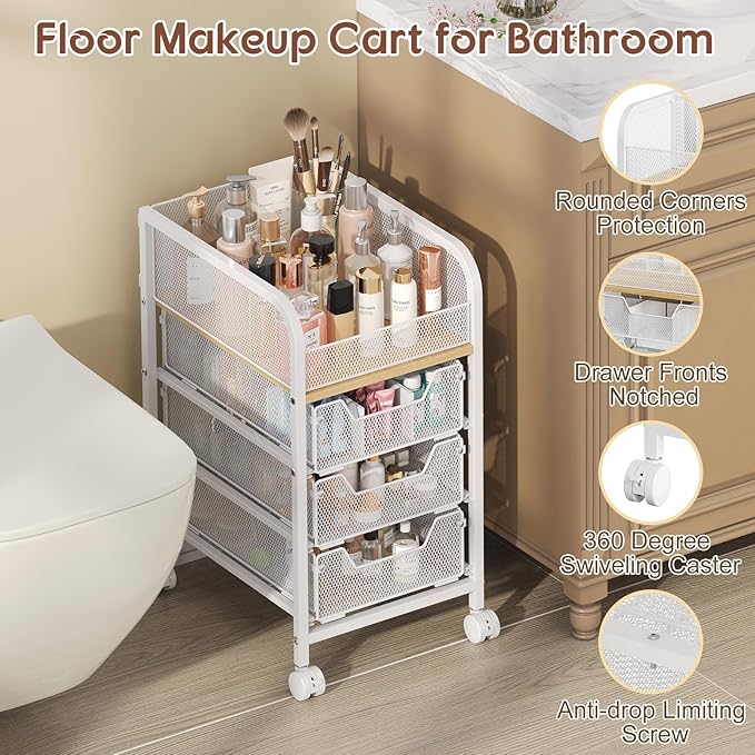 Rolling Makeup Cart Organizer with 3 Drawers, Narrow Floor Skincare Organizers, Cosmetics Display Cases Vanity Organizer for Skin Care Nail Polish Perfume Makeup Brush, White