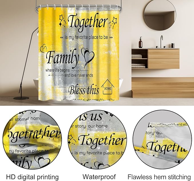 Lnond 4Pcs Bathroom Shower Curtain Sets with Rugs, Yelloe Grey Motivational Home Family Bathroom Sets with Shower Curtain and Rugs and Accessories