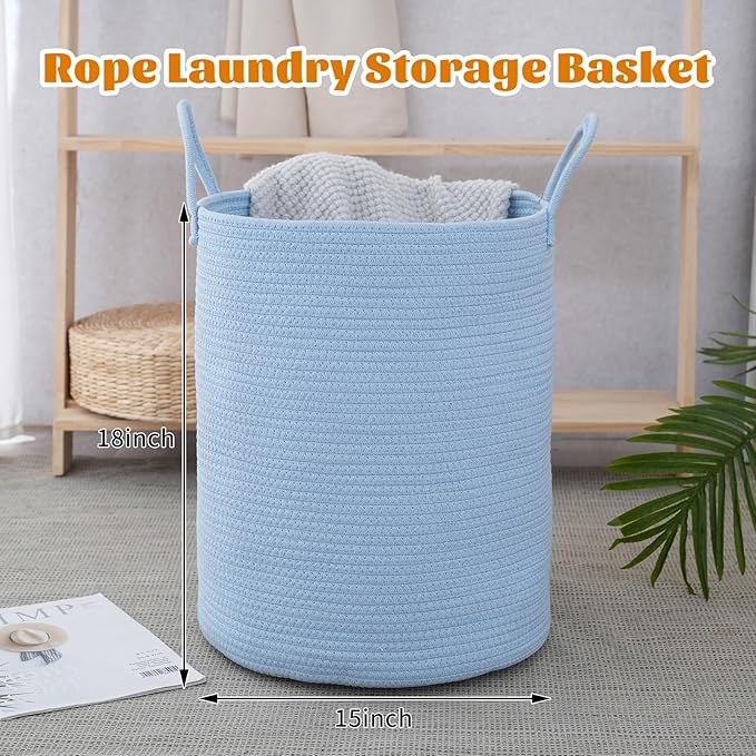 Woven Basket Nursery Laundry Hamper with Handles, Clothes Storage Organizer, Woven Basket for Boy Room Decor, Toy & Blanket Storage Bin, 15x15x18 Inch,Blue,1pc