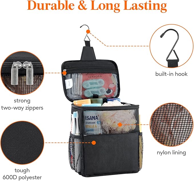 Lifewit Shower Bag Mesh Shower Caddy Portable College Dorm Room Essentials Tote Bag for Bathroom, Gym, Travel, Camping Quick Dry Hanging Shower Organizer Basket Toiletry Bag, Medium, Black