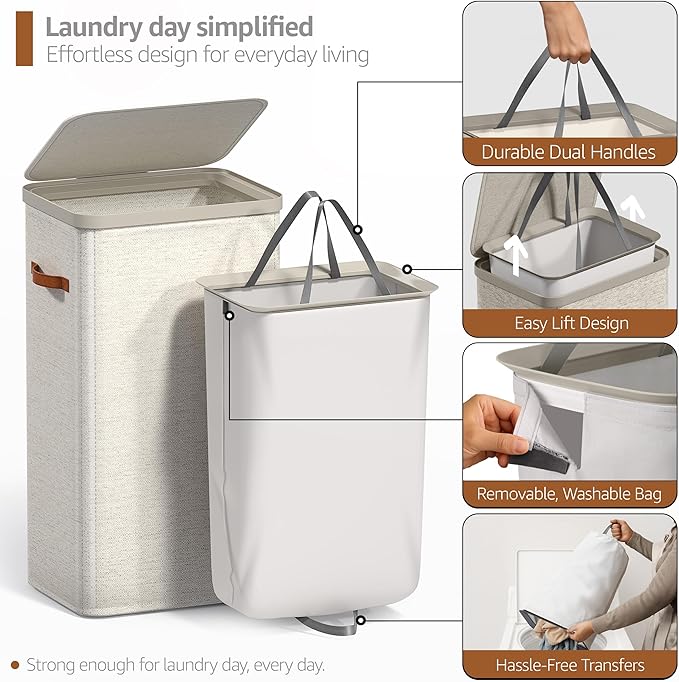 Sorbus Laundry Hamper with Lid - Collapsible Fabric Laundry Basket with Handles and Removable Laundry Bag – 26.5 Gallon (100 L) Dirty Clothes Hamper for Bedroom, bathroom and dorm (Beige)