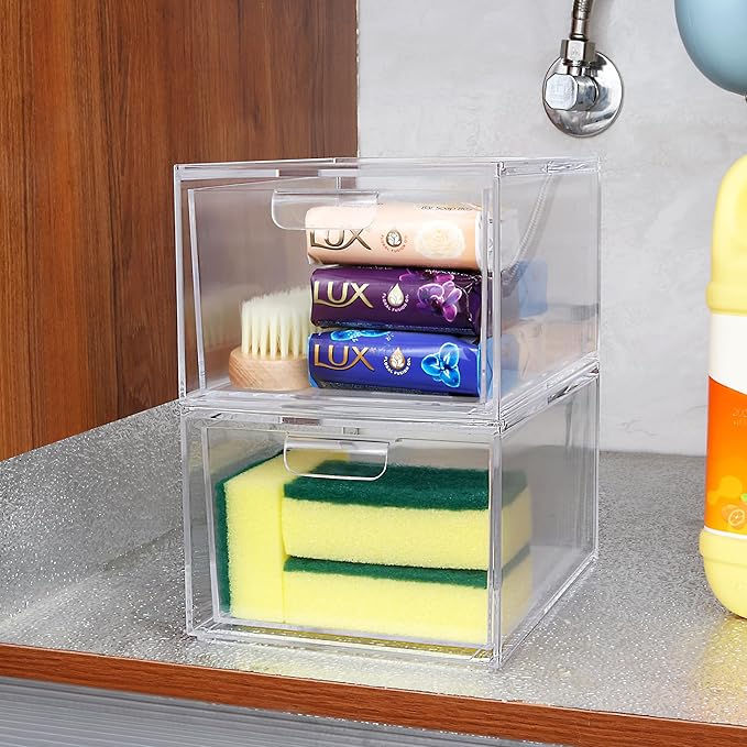 Yes!Fresh Drawer Organizer Stackable Cosmetic Desk Organizer with Removable Interior Partitions for Vanity Organization and Storage,Clear Bathroom Organizer (4)