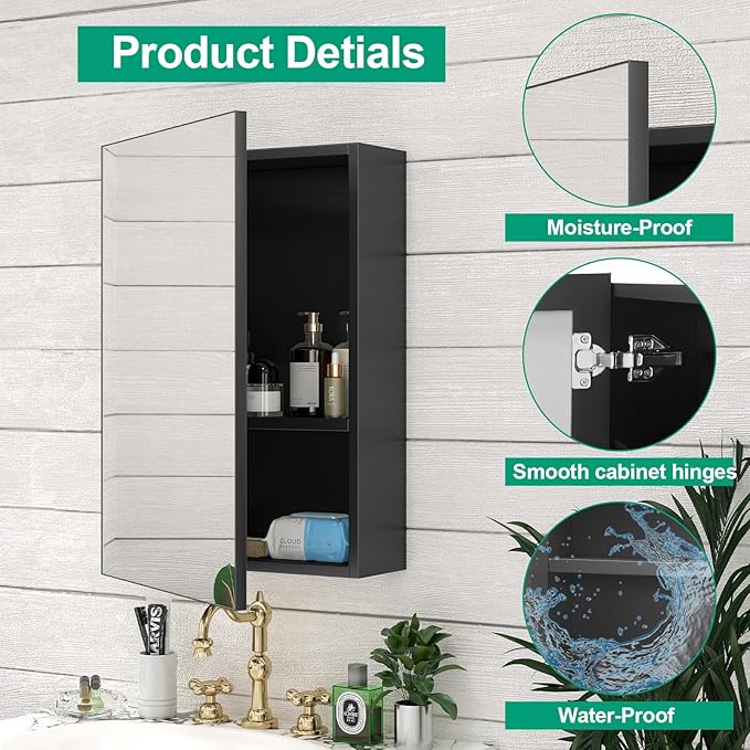 14 x 18 Farmhouse Medicine Cabinet for Bathroom, Small Black Bathroom Mirror with Storage, Tempered Glass, Frameless Recessed or Wall Mount Aluminum Medicine Cabinet - Pre-Assembled