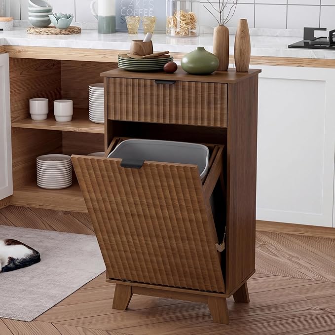 Double Tilt Out Laundry Hamper Cabinet, 20 Gallon Wooden Trash Can Cabinet with Storage Drawers, Hidden Fluted Garbage Can Holder for Kitchen, Living Room (Walnut Wood, 20.47"W x 35.83"H x 13"D)