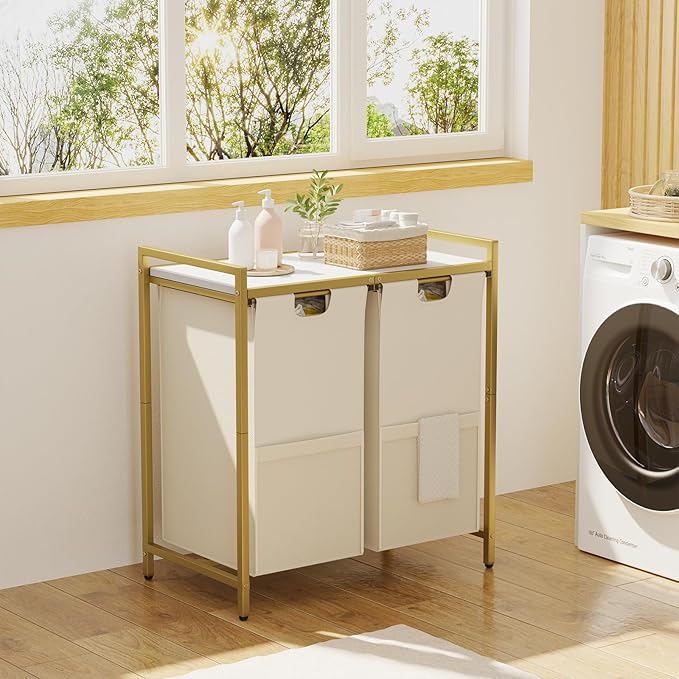Huhote Laundry Hamper, double Laundry Basket, Laundry Sorter with Top Shelf & 2 Removable Washable Bags & Side Pockets for Laundry Room organization, Bathroom and Dorm, Gold and White
