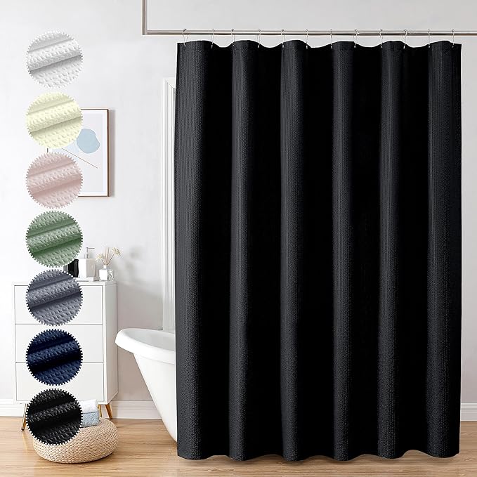 OVZME Berry Black Fabric Shower Curtain - 3D Embossed Hotel Thick Quality Soft Cloth Bath Curtain, Waffle Water Repellent Textured & Machine Washable Material - Standard Size 72x72, Black